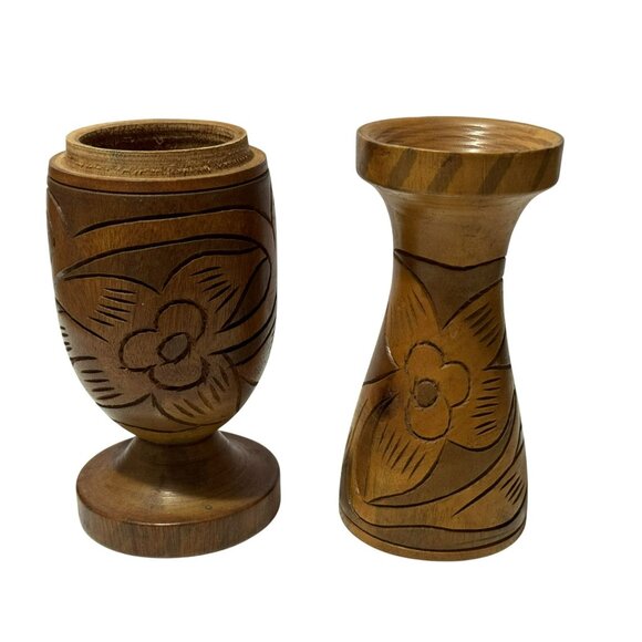 Vintage Hand Carved Wooden 2-Piece Pedestal Vase Etched Floral Design 13" MCM - Picture 5 of 9
